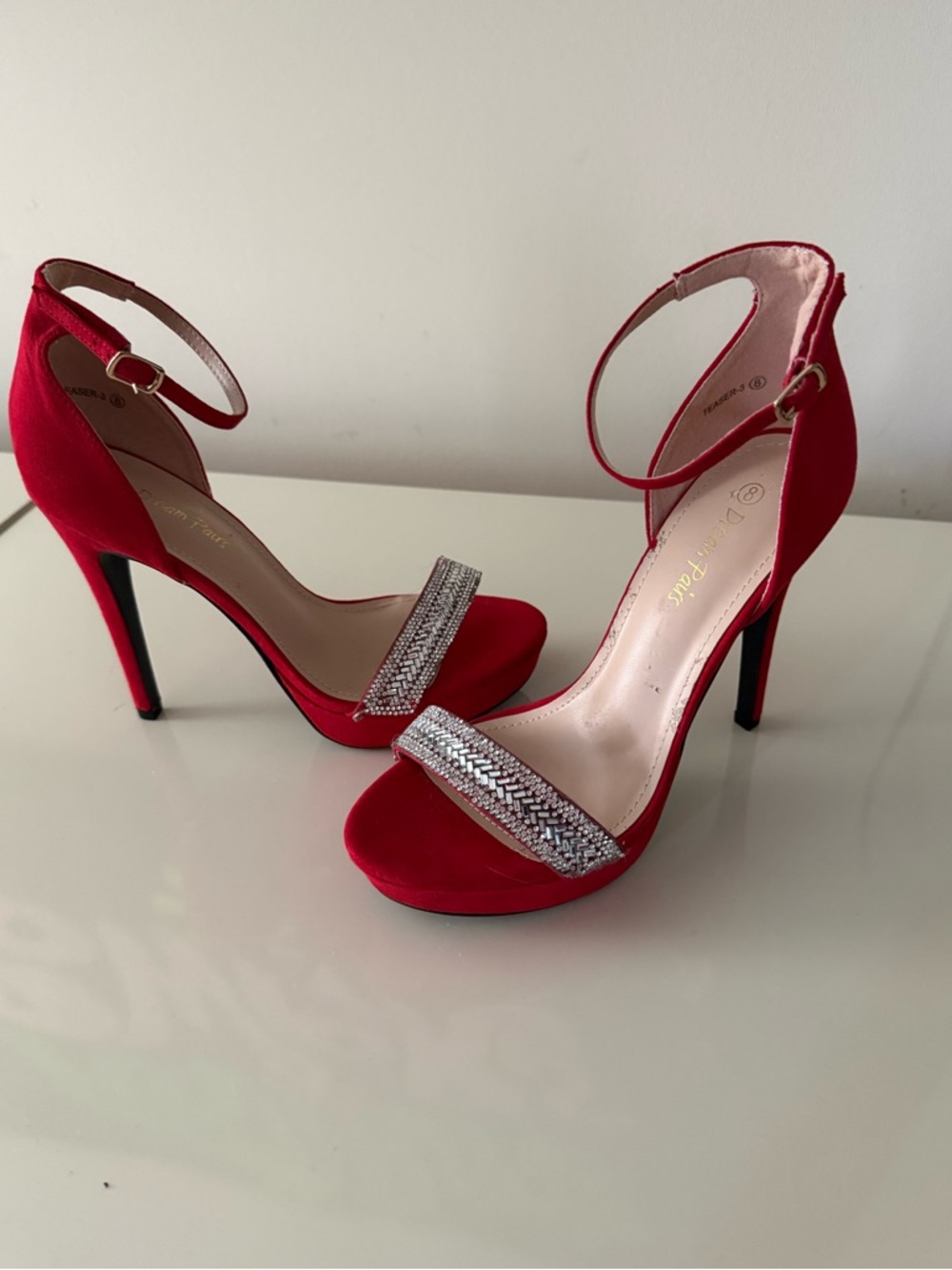 Dream Pairs Red Crystal-Embellished Ankle-Strap Stiletto Heels